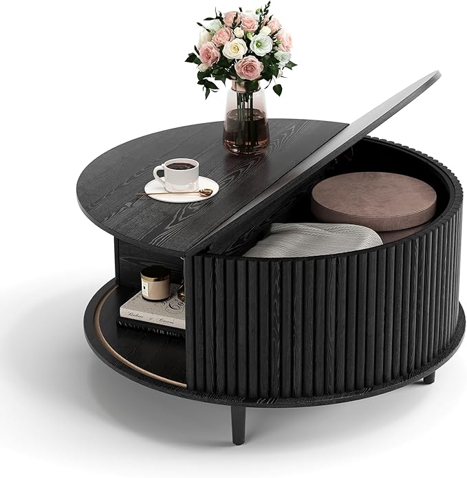 Round Coffee Table with Storage, 31.5" Black Wood Drum Table, Fluted Circle Center Table for Living Room, Modern Mid Century Furniture with Sliding Door