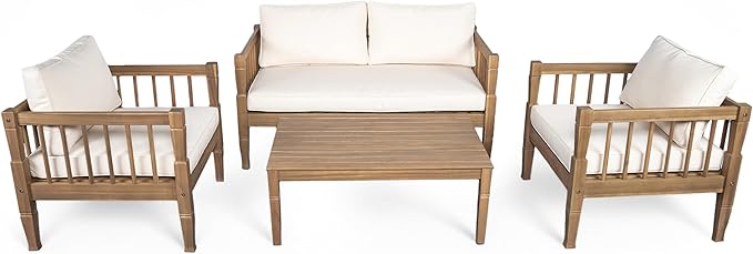 Christopher Knight Home 4-Piece Patio Furniture Set with Coffee Table, Acacia Wood Outdoor Conversation Set, 4 Seater Patio Sofa Set with Thick Cushions for Backyard,Balcony, Light Brown+Beige