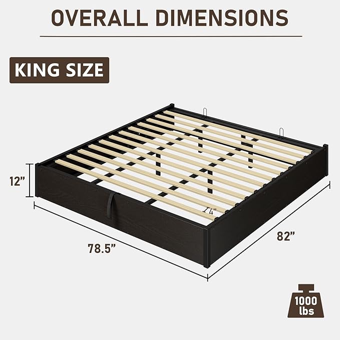 LUXOAK 3 Pieces Bedroom Sets, Includes King Size Lift Up Storage Platform Bed Frame, 2 Drawers Farmhouse Nightstand Set of 2 with Charging Station, No Box Spring Needed, Black