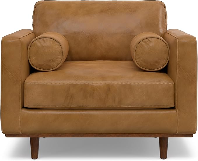 SIMPLIHOME Morrison Arm Chair - 42 inch Wide Upholstered Genuine Leather Mid-Century Modern Accent Chair in Sienna with Solid Wood Legs, Reversible Bolster Pillows and Reclined Back