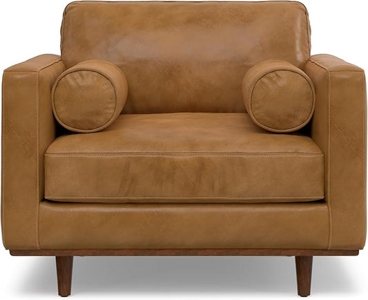 SIMPLIHOME Morrison Arm Chair - 42 inch Wide Upholstered Genuine Leather Mid-Century Modern Accent Chair in Sienna with Solid Wood Legs, Reversible Bolster Pillows and Reclined Back