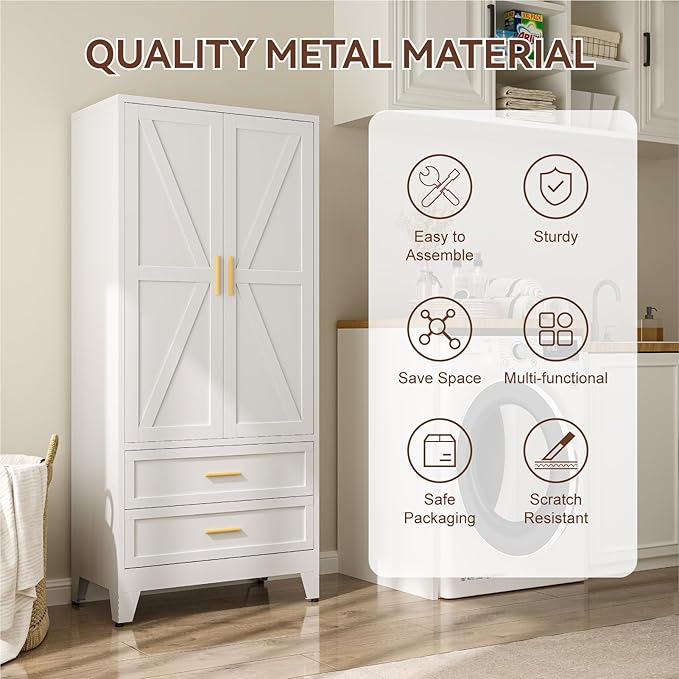 Metal Wardrobe Cabinet, 71" Tall Armoire Wardrobe Closet with 2 Drawers, Hanging Rod and Adjustable Shelf, Farmhouse Clothing Storage Cabinet for Bedroom, Laundry