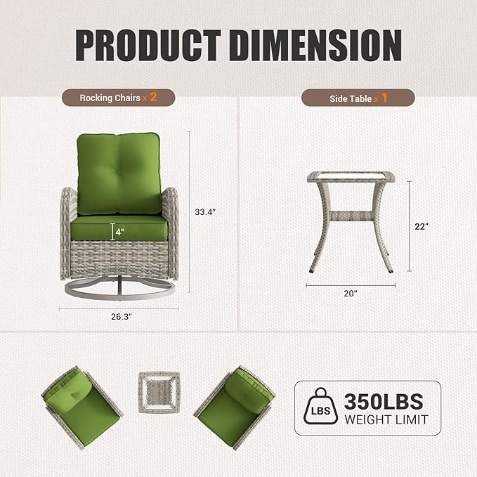 Patio Rocking Swivel Chair Outdoor Wicker Rattan Bistro Set with Tempered Glass Side Table, Outdoor Patio Furniture Set for Garden, Deck, and Balcony, Avocado Green
