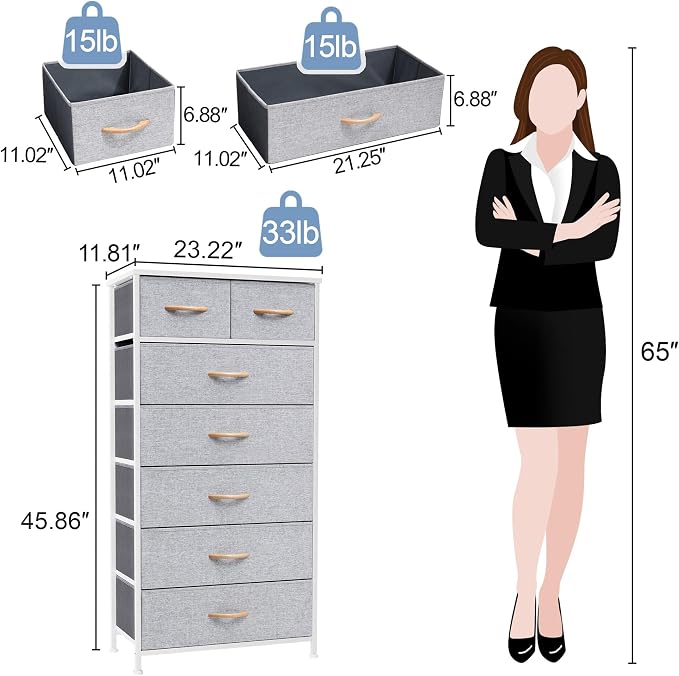 Crestlive Products Vertical Dresser Storage Tower - Sturdy Steel Frame, Wood Top, Easy Pull Fabric Bins, Wood Handles - Organizer Unit for Bedroom, Hallway, Entryway, Closets - 7 Drawers (Light Gray) - Image 3