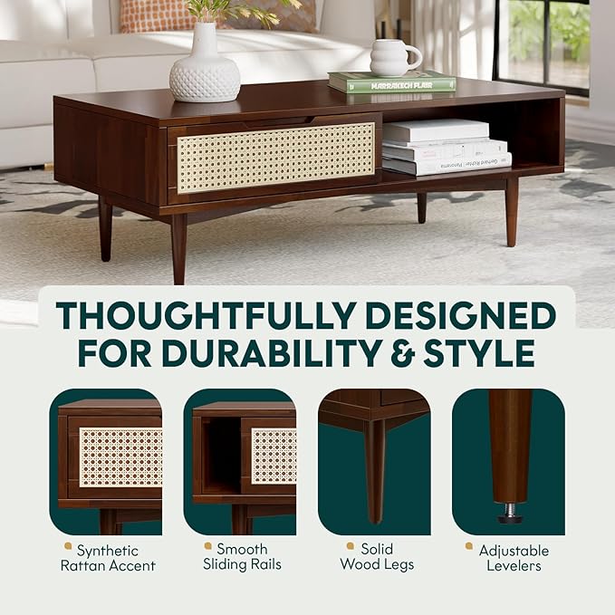Bme Oliver Mid Century Coffee Table with Drawers and Open Storage – Solid Wood Accent Table with Rattan Detail and Adjustable Legs – Walnut