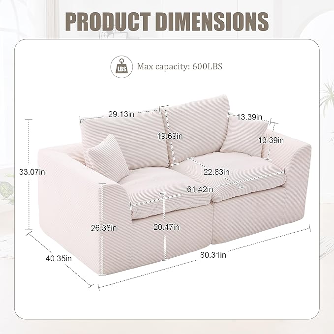 80.3" Cloud Loveseat Boneless Sofas for Living Room, 2 Seaters Modular Foam Cloud Sofa Couches, 2 Seat Compression Foam Couch with Toss Pillows, No Assembly Required