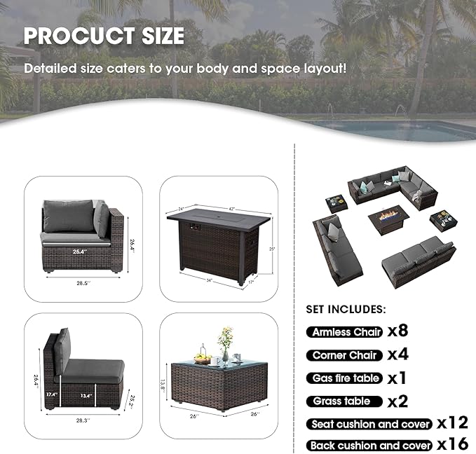 15 Piece Patio Furniture Set with 44" Fire Pit Table, Outdoor Sectional Couch, PE Rattan Patio Conversation Sets with 4inch Cushions for Backyard Grey