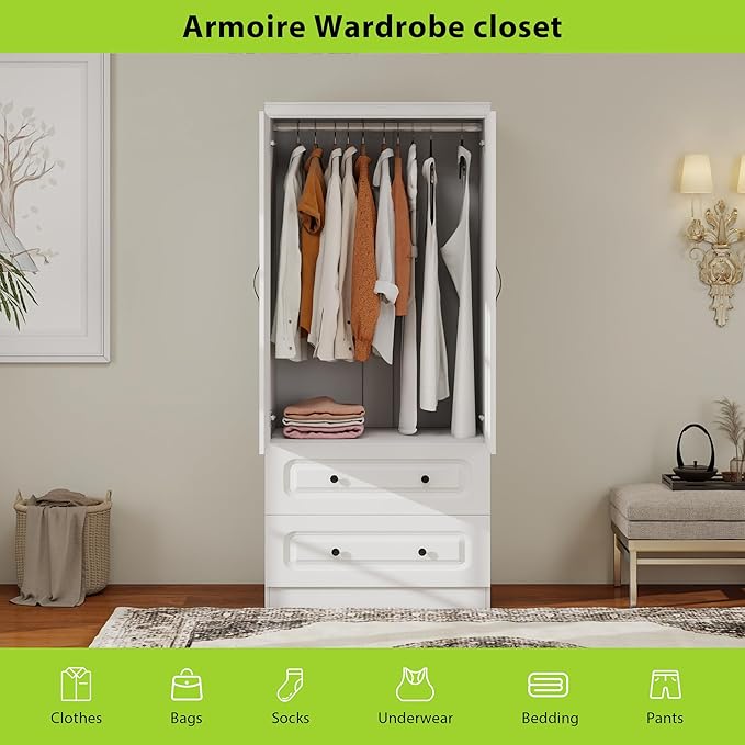 Armoire Wardrobe Closet: Wood White Bedroom Armoire Storage Cabinet for Large Capacity with 2 Doors, Tall Armoire and Wardrobe Closet with 2 Drawers & Hanging Rail