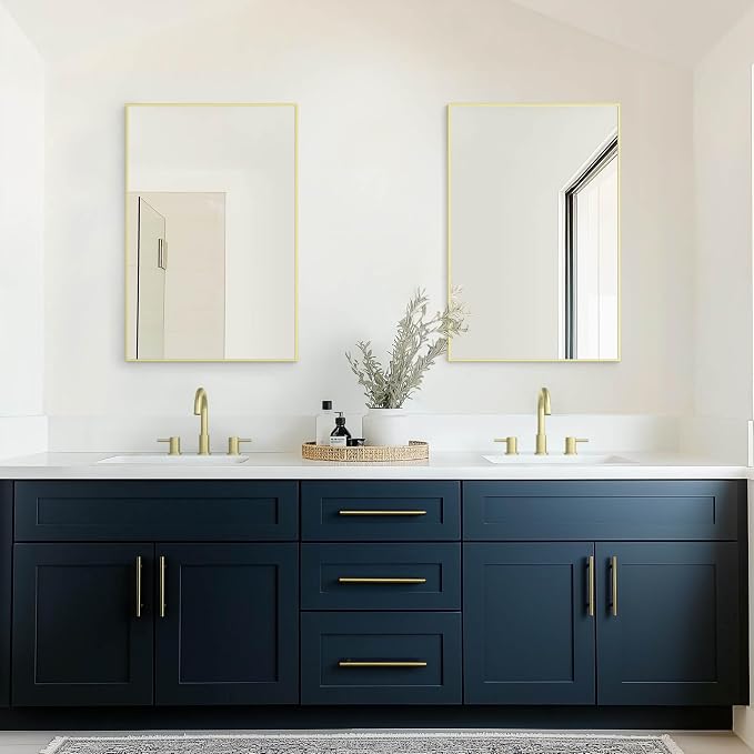 KIBI 24" x 36" Shatterproof Wall Mount Metal Frame Mirror – Horizontal or Vertical Hanging, Modern Rectangular Vanity Mirror for Bathroom, Entryway, or Living Room (Brushed Gold, FM1-2436BG) - Image 2