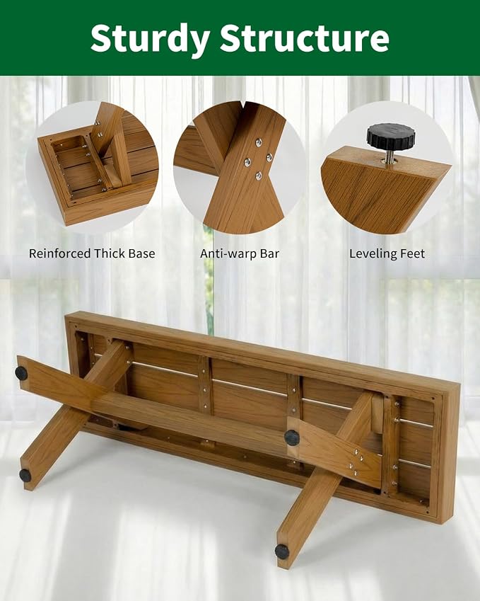 44.5" HIPS Outdoor Dining Bench, X-Shaped Modern Backless 2-Person Seating, All-Weather Patio Bench with Wood Grain Texture, Easy Assembly, Teak - Image 6