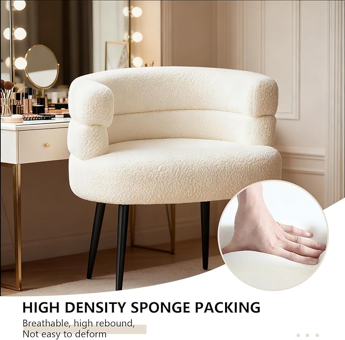 Makeup Vanity Chairs with Back,Office Desk No Wheels,Comfy Fabric Easy to Install for Living Room,Bedroom,Home,Office,Dressing Room-Beige White