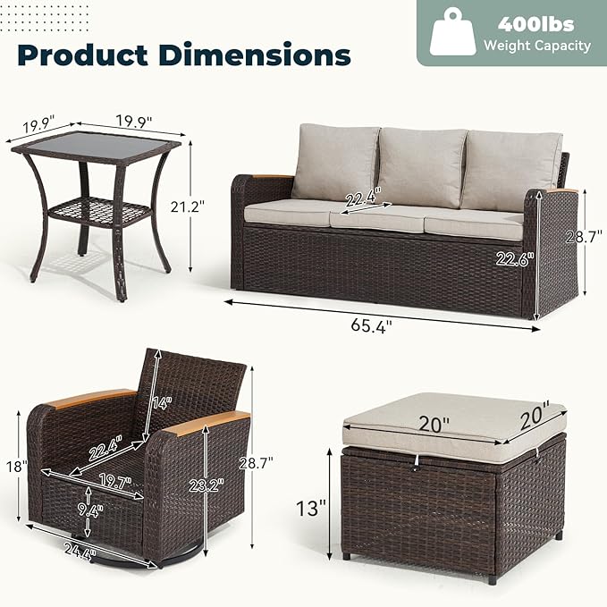 6 Pieces Wicker Patio Furniture Sets, Patio Conversation Set PE Rattan Sectional Sofa with Swivel Chairs Ideal for Indoor Porch Deck Bistro Lawn Garden Backyard Poolside-Khaki