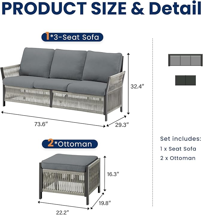 3 Piece Wicker Outdoor Couch, All Weather Rattan 3 Seater Wicker Outdoor Sofa with Ottomans, High Back Deep Seating Patio Conversation Set for Garden Deck Porch (Grey)