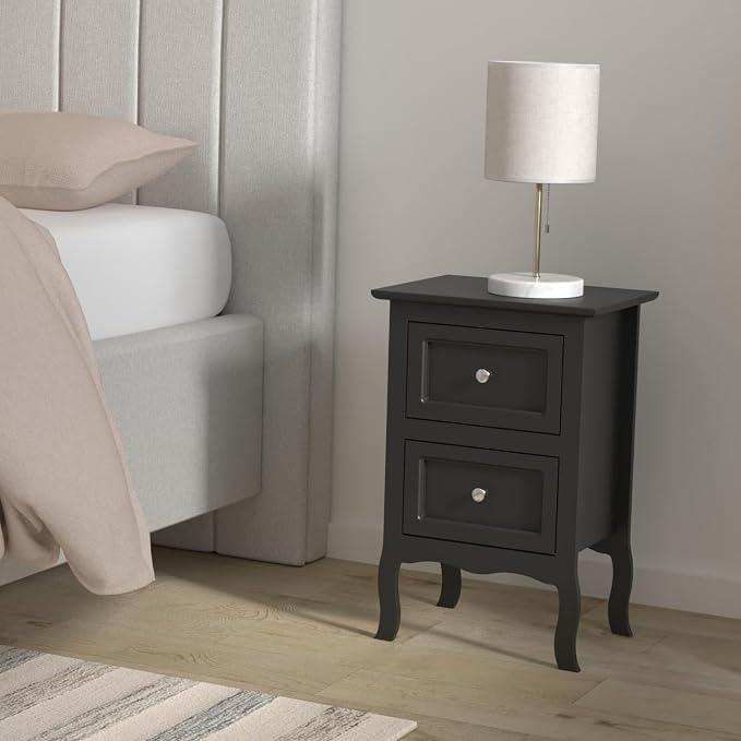 Karl home Black Nightstand Set of 2 for Bedroom, Vintage Small Night Stand with Drawers, Farmhouse Side Table, Wooden End Tables with Curved Legs for Office, Mid-Century - Image 2