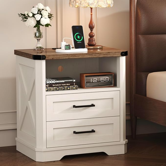 Yusong 23.62” Tall Farmhouse Nightstand, Rustic Wooden Night Stand with Charging Station, Beside Table with Drawers and Open Storage, End Tables for Bedroom, White by Yusong