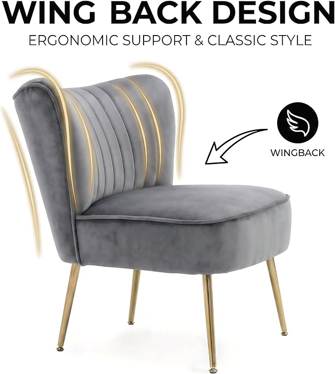 DUOMAY Modern Accent Chair Set of 2 Velvet Slipper Chair with Gold Legs Wingback Side Chair for Living Room Bedroom Entryway Small Corner Chair for Space Saving, Grey