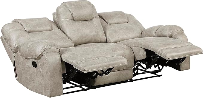 Lexicon Manual Double Reclining Sofa, Polished Microfiber Wall Hugger 3 Seater Manual Tab Pull Sofa Recliner for Living Room, Pillow Top Armrest, Padded Headrest, Easy Assembly, Pewter