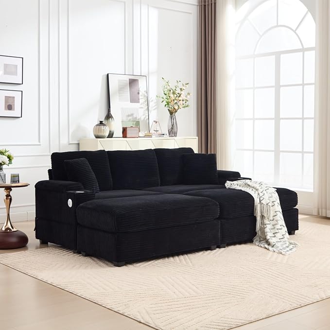 KEIKI 4 Seat Combination Sofa Bed Set, Chaise Lounge Sofa with Armrest Storage, Cupholders, USB, Deep Seat Sleeper Couch Reading Chairs for Living Room, Black