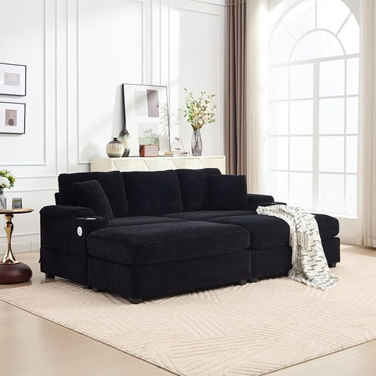 KEIKI 4 Seat Combination Sofa Bed Set, Chaise Lounge Sofa with Armrest Storage, Cupholders, USB, Deep Seat Sleeper Couch Reading Chairs for Living Room, Black