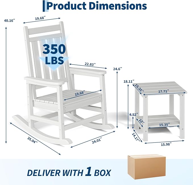 Garvee HDPE Rocking Chair Outdoor Set of 2 with Side Table - Poly High Back Porch Rocker Chairs for Adults - All Weather Resistant Furniture for Patio Front Porch - White - Image 2