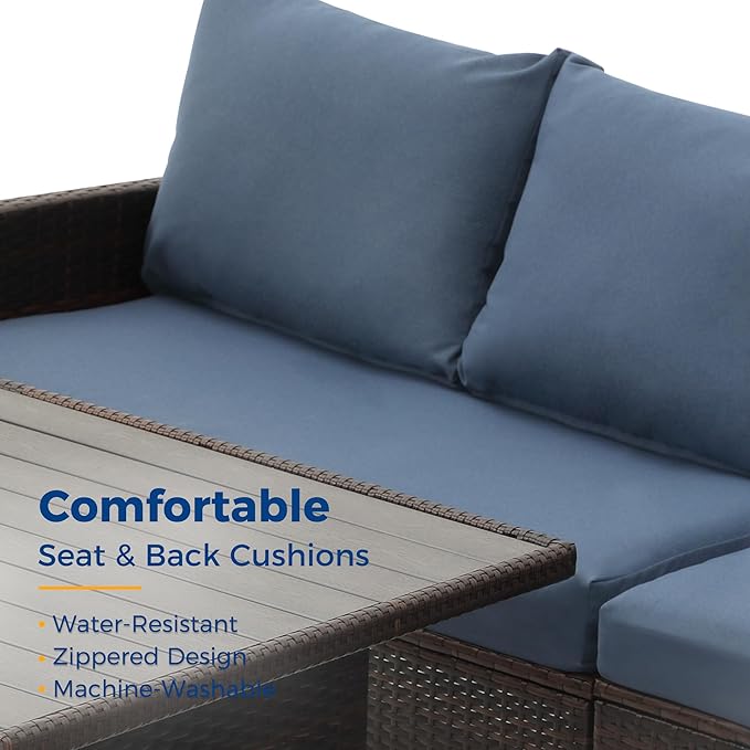 Wisteria Lane 7 Pieces Patio Furniture Set Outdoor Furniture Sectional, High Back Outdoor Patio Dining Table Set, Wicker Patio Conversation Set with Cushions for Balcony Lawn and Garden, Blue