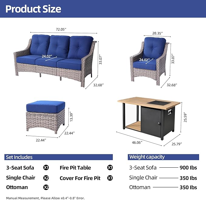 HOOOWOOO 6 Piece Patio Furniture Sets with Fire Pit Table,Outdoor Wicker Furniture Set,All Weather Resistant Outside High Back Rattan Conversation Set for Out Door(Navy Blue)