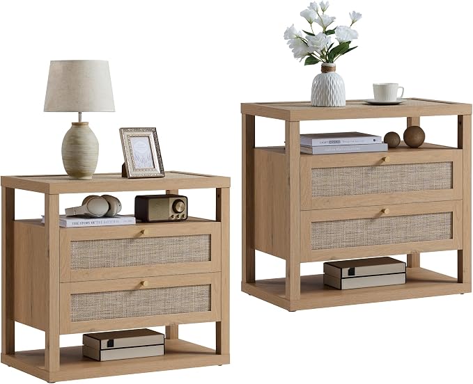 VividVibe Natural Oak Night Stand Set 2, Nightstand with Drawers and Storage Shelf - Rattan Boho Bedside Tables Large Nightstands Wooden Bed Side Table, Modern Farmhouse Accent Rustic End Table by Unknown