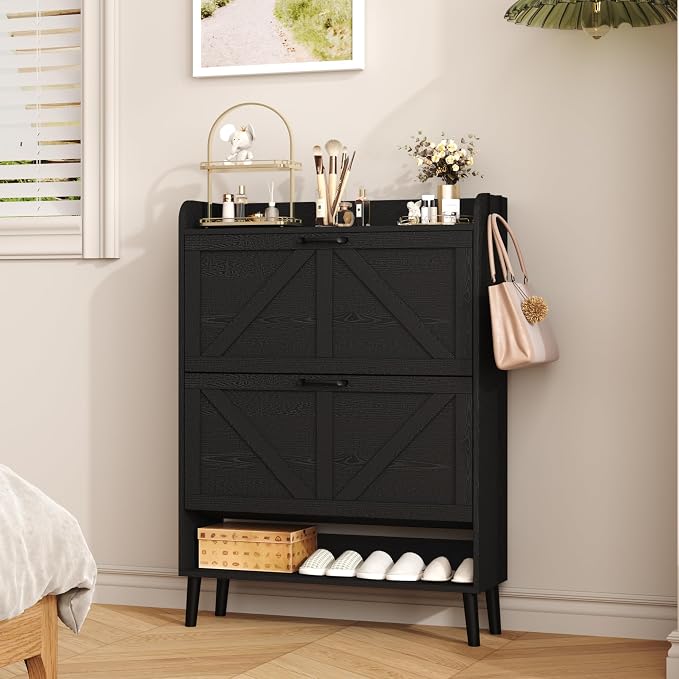 HOMEFORT Shoe Storage Cabinet for Entryway, 30" Freestanding Organizer with Two Flip Drawers, Narrow Hidden Shoe Rack with Wood Legs, Farmhouse Shoe Cabinet for Front Door Entrance,Black - Image 3