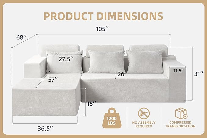 Homguava Modular Sectional Couches for Living Room, Cloud Couch with L-Shape Chaise,Comfy Sofa Living Room Couch with Deep Seat,No Assembly L Couch,Luxury Distressed Velvet(Begie,L)