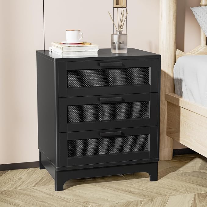 Anmytek Rattan Nightstand with 3 Drawers, Farmhouse Night Stand with Nature Rattan Storage Drawers, Black Wood Bedside Table Sofa End Side Table for Bedroom Dorm Small Spaces, 15.5”D x 19.7”W x 23.6”H - Image 2