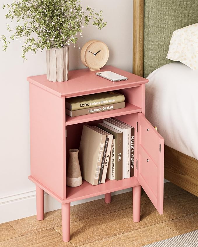 Nightstand, Boho Night Stand with 1 Drawers, Modern Side Accent Table with Open Shelf, Wooden Top Bedside End Table for Bedroom, Living Room, Pink - Image 8