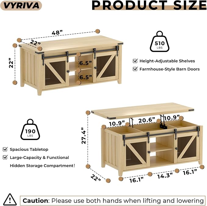 48" Farmhouse Lift Top Coffee Table with Storage, Sliding Barn Door, Large Hidden Compartment, Wooden Lifting Tabletop with Adjustable Shelf for Living Room, Office (Oak)