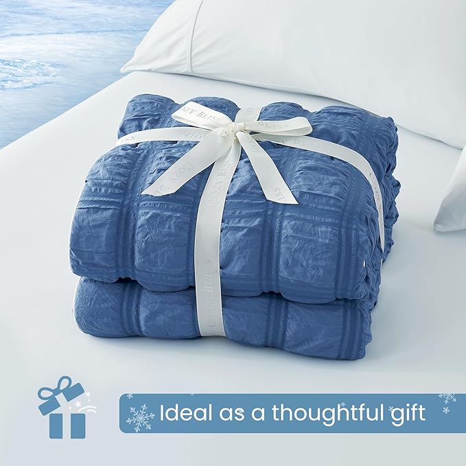 Cozy Bliss Cooling Comforter Seersucker Plaid King Size, Q-Max 0.45 Lightweight Cooling Blanket, Breathable Silk Smooth Summer Bedding Quilt for Hot Sleepers Night Sweats Denim Blue
