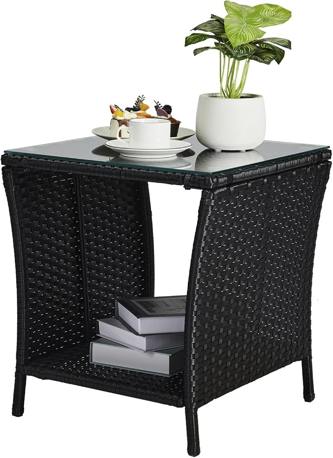 VINGLI Outdoor Wicker Side Table Patio Side Tables for Outside, Tempered Glass Top Wicker Table with Storage End Table for Balcony Porch Deck (Black) by VINGLI