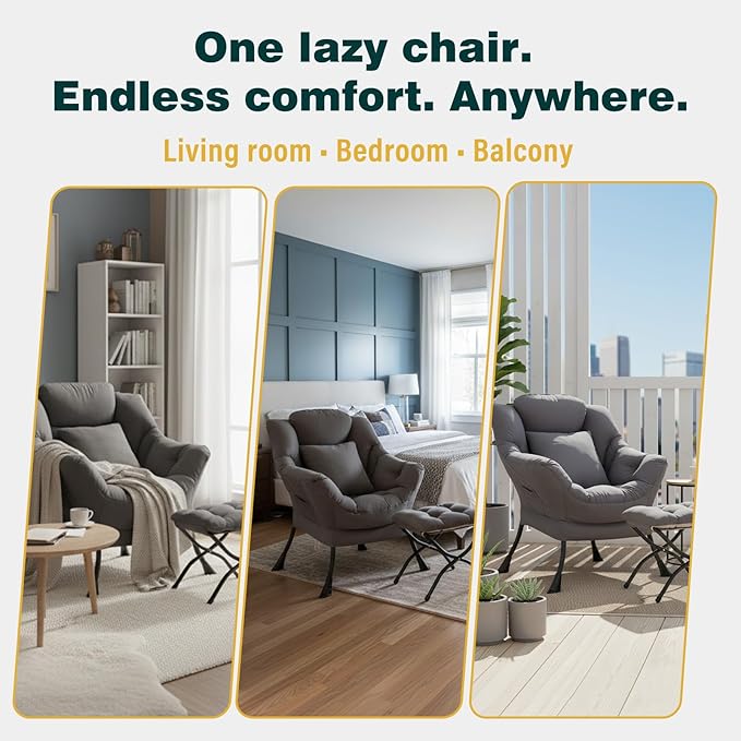 Lazy Chair with Ottoman, Large Accent Chair with Ottoman and a Throw Pillow, Dark Grey Reading Chair for Living Room Bedroom Dorm Room Office Apartment Relaxing Use