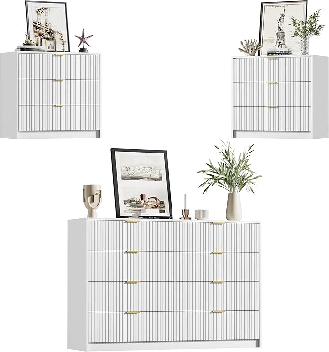 Furniway White Dresser Bedroom Set 3 Pieces, Nightstands Sets of 2, 8 Drawer Dresser with Gold Handles for Bedroom