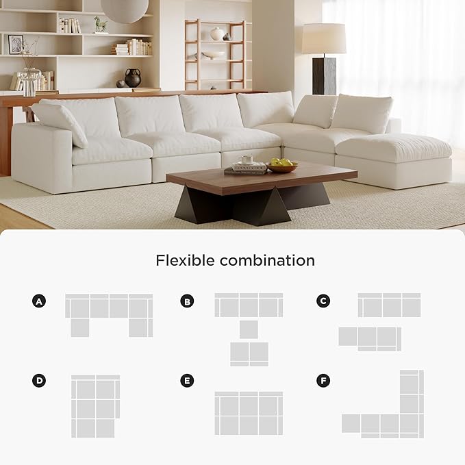 Acanva Modular U-Shaped Sectional Cloud Couch, Free Combination Minimalist Sofa, Convertible to DayBed with Shredded Latex Filled Cushion and Removable Slipcovers for Living Room, 5 Seater + Ottoman