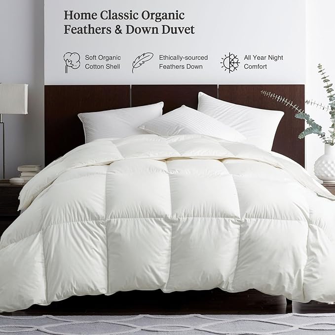 Feathers & Down Comforter, Organic Duvet Insert, 100% Cotton Shell, Ethically-sourced Feathers and Down Filler, All Season Warm, Oversized King Size, White