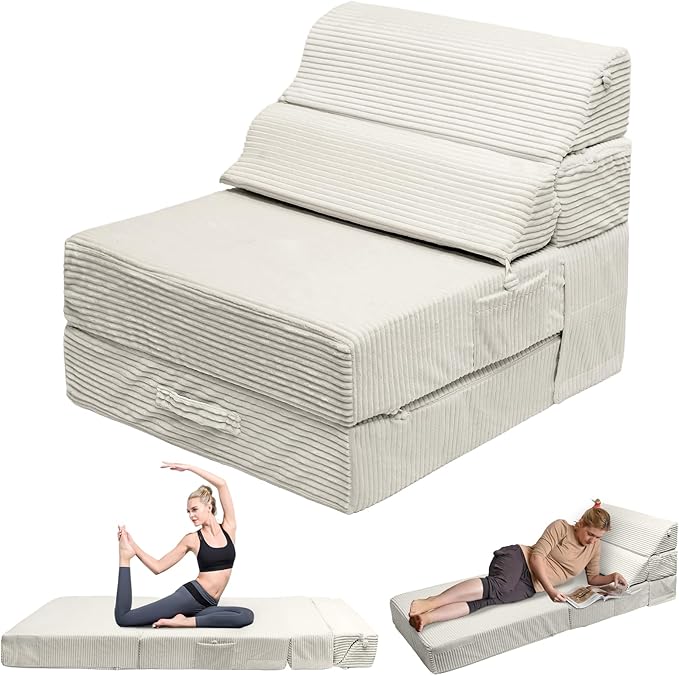 Comfy Foldable Sofa Bed - Convertible Sleeper Sofa Fold Out Sofa Bed Folding Chair Couch for Living Room Bedroom Guest, Floor Chairs Lounger Mattress Folding Sofa Bed with Back Support, Beige