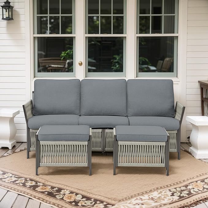3 Piece Wicker Outdoor Couch, All Weather Rattan 3 Seater Wicker Outdoor Sofa with Ottomans, High Back Deep Seating Patio Conversation Set for Garden Deck Porch (Grey)
