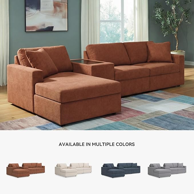 Signature Design by Ashley Contemporary Modmax Stain Resistant L-Shape Left-Arm Facing 4-Piece Sectional with Chaise and Storage Console, Orange