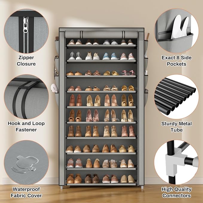 VTRIN Tall Shoe Rack with Cover, 10 Tier Shoe Organizer Storage for 50-55 Pairs Shoes and Boots Large Capacity Shoe Shelf with 8 Pockets Free Standing Shoe Rack for Closet, Entryway, Garage, Grey - Image 4