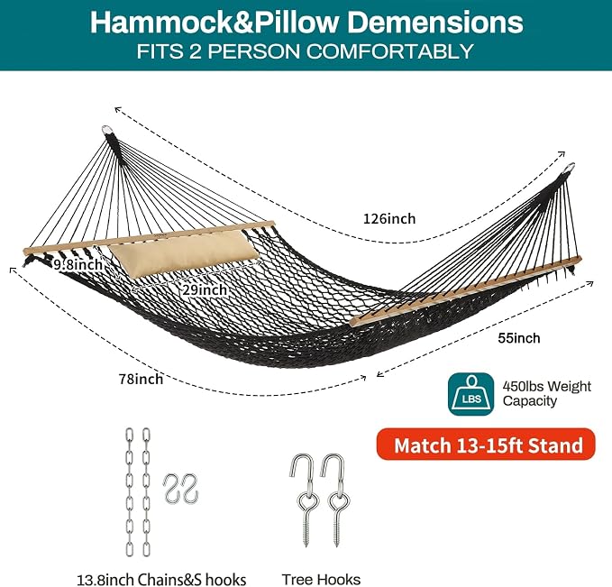 JoyView Traditional Rope Double Hammock - Hand Woven Cotton Hammock with Hardwood Spreader Bar and Pillow 450lb Capacity for Outdoor Indoor Patio Yard - Black - Image 3