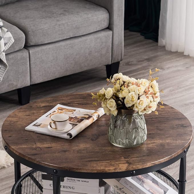 VINGLI Round Coffee Table with Storage - 31.5" Rustic Farmhouse Design, Industrial Style with Metal Shelf