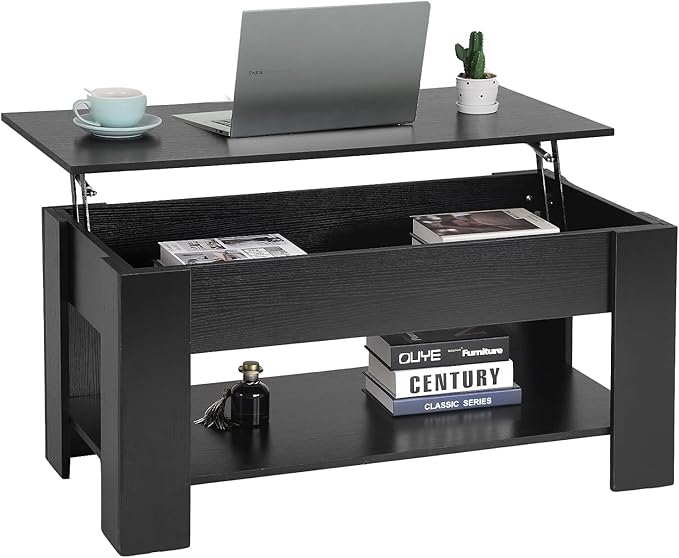 PayLessHere Coffee Table Lift Top Coffee Tables with Hidden Compartment and Storage Shelf Wooden Lift Tabletop Dining Table for Living Room Home (Black, 39" D x 28" W x 24" H)
