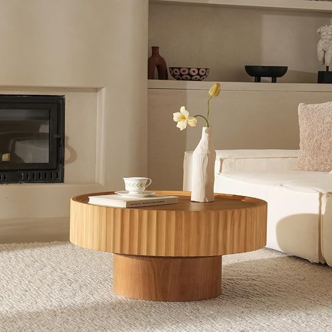 Round Coffee Table, 30.3in Modern Living Room Table, Fluted Drum Circle Tea Table with Storage, Accent Center Tables for Living Room, Apartment, Small Space(30.3''L×13.7''H) (Nature Wood)