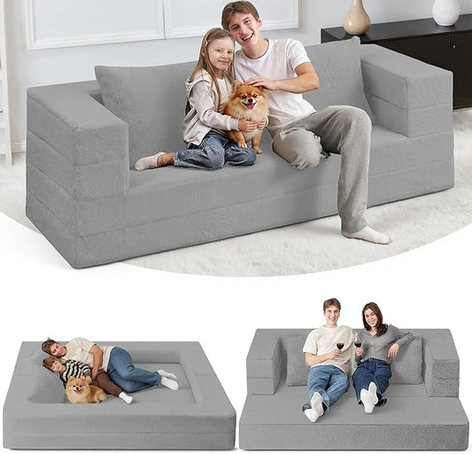 Futon Sofa Bed with Pillow, 3-in-1 Sleeper Sofa Bed with Removable Cover, Convertible Floor Sofa Bed, No Assembly Boneless Couch for Living Room, Bedroom