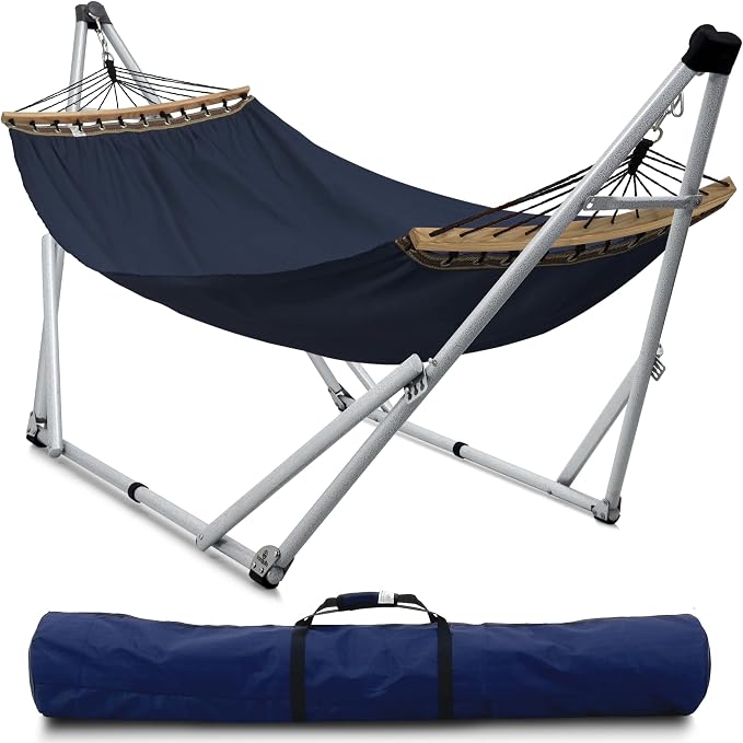 Tranquillo Ultimate Relaxation Portable Hammock Stand, Foldable Hammock Stand with Canvas Hammock, Spreader Bar, Quick Fold Unfold in 30 Seconds Steel Frame Hammock 600 lbs Capacity, White/Navy by Tranquillo