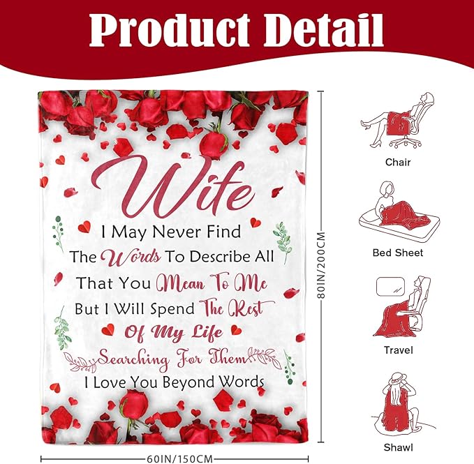 Birthday Gifts for Wife - Gifts for Wife from Husband - Anniversary Wedding Gift for Women - Wives Birthday Gift Ideas - Romantic I Love You Present for Her - to My Wife's Blanket 60"x80"