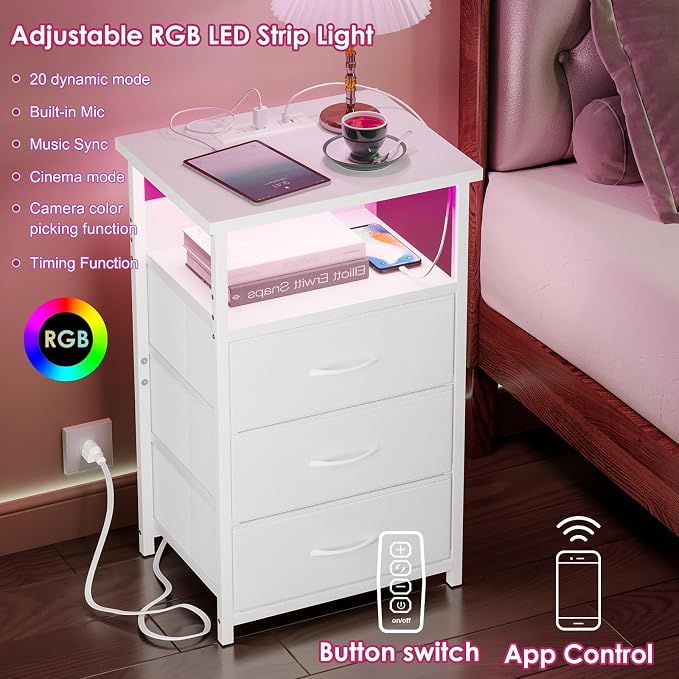 Fixwal White Nightstand with Charging Station, LED Night Stand with 3 Fabric Drawers and Open Shelf, Bedside End Table in Bedroom - Image 4